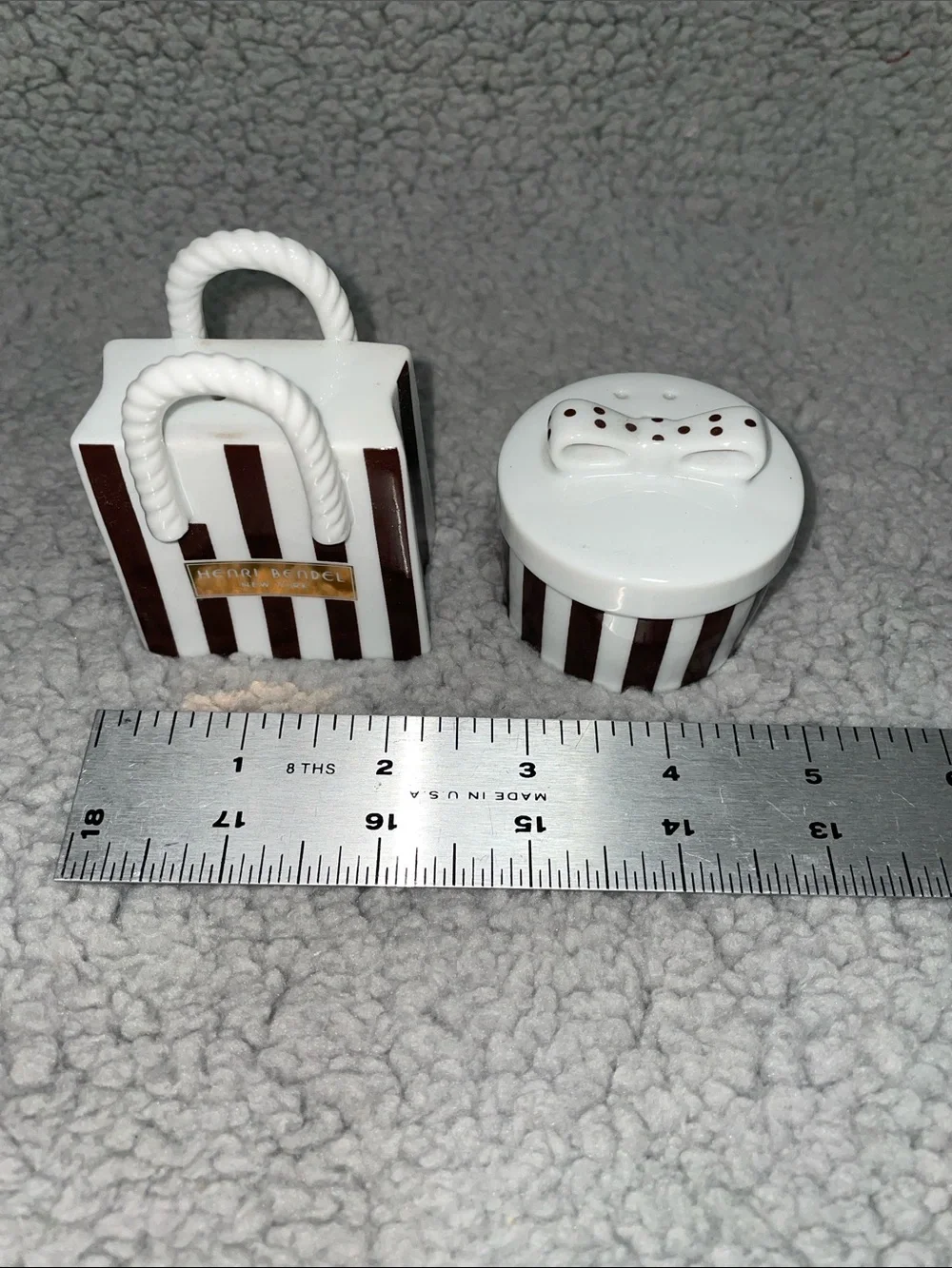 Henri Bendel Brown & White Striped Ceramic Salt and Pepper Shakers